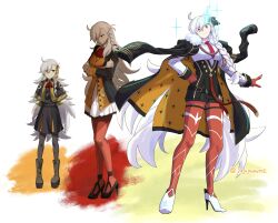  3girls absurdres age_progression ahoge arms_behind_back ascot black_capelet black_jacket black_pantyhose braid capelet commentary_request fate/grand_order fate_(series) gloves gogomoto1 high_heels highres jacket jacket_on_shoulders long_hair long_sleeves looking_at_viewer multiple_girls necktie olga_marie_animusphere olga_marie_animusphere_(unbeast) olga_marie_animusphere_(young) pantyhose red_ascot red_necktie red_pantyhose smile twitter_username white_hair yellow_eyes 
