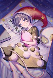  1girl :3 ao_hoshi blob blush book brown_capelet brown_dress capelet chromatic_aberration closed_mouth commentary_request crescent doremy_sweet dream_soul dress hat head_on_pillow highres looking_at_viewer nightcap on_bed pillow pom_pom_(clothes) purple_hair red_hat short_hair smile solo star_(symbol) stuffed_animal stuffed_sheep stuffed_toy tail tapir_print tapir_tail touhou two-tone_dress violet_eyes white_dress 