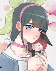  1girl aqua_eyes bell black_hair blunt_bangs bow chabashira_tenko character_doll choker collarbone commentary danganronpa_(series) danganronpa_v3:_killing_harmony doll eyelashes fingernails floral_print green_ribbon hair_ribbon hairband hanatsuduki heart holding holding_doll jingle_bell lips long_hair looking_at_viewer mole mole_under_mouth neck_bell pink_choker pink_hairband ribbon sailor_collar solo third-party_source white_bow white_ribbon white_sailor_collar yumeno_himiko 