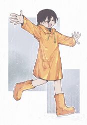  1girl aged_down boots chinese_commentary closed_eyes commentary_request double-parted_bangs hair_between_eyes highres long_hair long_sleeves mari_(faraway)_(omori) mari_(omori) omori open_mouth orange_boots outstretched_arms rain raincoat rubber_boots smile solo teeth upper_teeth_only y_h 