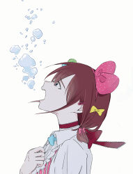  1girl air_bubble bow brown_hair bubble center_frills choker commentary frills girls_band_cry grcr_pometa1118 hair_bow hair_ornament hairclip highres iseri_nina koe_naki_sakana low_twintails open_mouth pink_bow red_choker shirt short_hair short_twintails simple_background solo twintails white_background white_shirt 