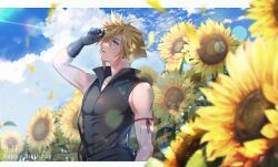  1boy aqua_eyes arm_up bare_shoulders black_cape black_gloves black_vest blonde_hair border cape cloud_strife commentary dated falling_petals field final_fantasy final_fantasy_vii final_fantasy_vii:_advent_children flower flower_field gloves hair_between_eyes happy_birthday highres letterboxed male_focus outdoors parted_bangs parted_lips petals pink_ribbon ribbed_vest ribbon sd0_ino shading_eyes short_hair single_glove solo spiky_hair sunflower untranslatable_commentary upper_body vest waist_cape white_border yellow_flower yellow_petals 