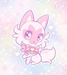  :3 alternate_color alternate_shiny_pokemon animal_focus atom_palace bow bowtie cat commentary english_commentary full_body heart heart_in_eye highres looking_at_viewer no_humans pink_bow pink_bowtie pink_eyes pink_fur pokemon pokemon_(creature) pokemon_focus rainbow_background simple_background sitting solo sparkle symbol_in_eye 