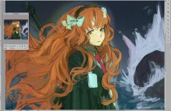 1girl black_jacket bow closed_mouth collared_shirt expressionless faiiedhuman floating_hair hair_bow hair_ornament hairband id_card ishmael_(project_moon) jacket limbus_company long_hair long_sleeves looking_at_viewer necktie ocean orange_hair project_moon red_necktie rock shirt solo upper_body very_long_hair waves wavy_hair white_shirt 