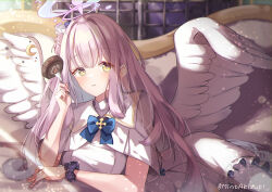  1girl aki_tsune angel_wings blue_archive blue_bow blush bow cake capelet commentary couch crescent dress feathered_wings food fork gold_trim hair_bun halo highres holding holding_fork low_wings mika_(blue_archive) on_couch pantyhose pink_hair pink_halo scrunchie single_hair_bun single_side_bun solo swiss_roll white_capelet white_dress white_pantyhose white_wings wing_ornament wings wrist_scrunchie yellow_eyes 