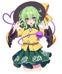  1girl aoyadazo black_hat blush bow buttons collared_shirt commentary cowboy_shot diamond_button disembodied_linked_eye double_w eyeball floral_print frilled_shirt_collar frilled_sleeves frills green_eyes green_hair green_skirt hair_between_eyes hat hat_bow highres komeiji_koishi long_sleeves looking_at_viewer medium_hair open_mouth print_skirt rose_print shirt simple_background skirt solo touhou w white_background wide_sleeves yellow_bow yellow_shirt 