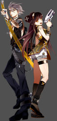  1boy 1girl ankle_belt arm_tattoo back-to-back back_cutout backless_shirt belt black_choker black_pants black_shoes black_socks blunt_bangs bracelet braid braided_bun breasts brown_hair camisole chain chinese_clothes choker clothing_cutout concept_art double_bun easu_(park_jihye) grey_hair gun hair_bun hairband handgun holding holding_gun holding_sword holding_weapon jewelry kneehighs leg_warmers long_hair looking_at_viewer medium_breasts multiple_belts multiple_bracelets official_art open_clothes open_shirt pants promotional_art s4_league see-through_clothes shoes shorts shoulder_tattoo socks sword tattoo thigh_strap tribal_tattoo weapon white_shorts yellow_camisole yellow_eyes 