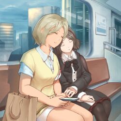  2girls black_bow black_bowtie black_dress black_pantyhose bow bowtie brown_hair brown_sweater_vest chinese_commentary closed_eyes closed_mouth commentary_request dress earphones ebizuka_tomo enteburg girls_band_cry grey_hair hairband highres long_sleeves multicolored_hair multiple_girls open_mouth pantyhose red_hairband roots_(hair) rupa_(girls_band_cry) shared_earphones shirt short_hair sitting sleeping sleeping_on_person sweater_vest train_interior white_shirt 
