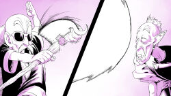  amayuki318 arm_up bald beard belt clothes_around_waist commentary_request dragon_ball dragon_ball_(classic) dragon_ball_z earrings energy_ball facial_hair fighting_stance gradient_background highres holding holding_staff jewelry juliet_sleeves kaioushin long_sleeves mohawk mustache muten_roushi old old_man open_mouth outstretched_arm pointy_ears potara_earrings puffy_sleeves purple_background screaming shirt smile staff sunglasses t-shirt thick_eyebrows turtleneck white_hair 