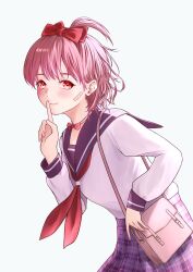  1girl bag bandaid bandaid_on_cheek bandaid_on_face blush bow closed_mouth commentary_request cowboy_shot finger_to_mouth from_side hair_bow hand_up haru_x_hop highres long_sleeves looking_at_viewer looking_to_the_side original pink_bag pink_bow pink_hair plaid_clothes plaid_skirt pleated_skirt purple_sailor_collar purple_serafuku purple_shirt purple_skirt red_eyes sailor_collar school_uniform serafuku shirt shirt_tucked_in short_hair shoulder_bag shushing sideways_glance simple_background skirt smile solo standing white_background 