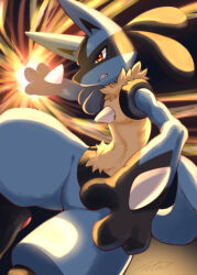  1other aura_sphere_(pokemon) black_fur blue_fur brown_fur clenched_teeth energy_ball furry highres lucario multicolored_fur netiel pokemon pokemon_(creature) pokemon_focus red_eyes solo spikes teeth v-shaped_eyebrows 