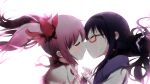  akemi_homura black_hair blush closed_eyes eyes_closed glasses hai_(hai1001) hai_(pixiv) hair_ribbon hairband hands_clasped highres incipient_kiss interlocked_fingers kaname_madoka long_hair magical_girl mahou_shoujo_madoka_magica multiple_girls mutual_yuri pink_hair red-framed_glasses ribbon short_twintails tears twintails yuri 