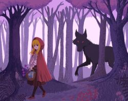  1girl animal basket black_eyes blonde_hair cape commentary expressionless flower forest full_body grass holding holding_basket hood hood_up hooded_cape little_red_riding_hood_(fairy_tale) little_red_riding_hood_(fairy_tale_character) long_hair looking_at_viewer looking_to_the_side mary_janes nature nigirizusi1 outdoors pantyhose parted_lips path pink_sweater pleated_skirt red_cape red_flower red_pantyhose red_shoes red_skirt ribbed_sweater shoes skirt solo straight_hair sweater tree walking wolf 