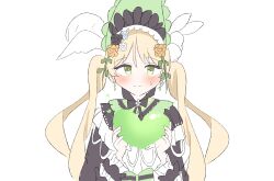  1girl black_bow black_bowtie black_capelet black_flower black_rose blonde_hair bonnet bow bow_flower bowtie capelet chinstrap closed_mouth dress flower frilled_capelet frilled_dress frilled_sleeves frills green_bonnet green_eyes hair_flower hair_ornament highres lolita_fashion long_hair long_sleeves looking_at_viewer mahou_shoujo_no_majo_saiban march_23th rose simple_background solo straight-on tono_hanna twintails upper_body white_background white_flower white_rose wide_sleeves winged_hat yellow_flower yellow_rose 