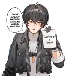  1boy black_gloves black_hair black_jacket chainsaw_man commentary english_commentary english_text foxyreine gloves grey_shirt hair_between_eyes highres holding holding_notepad jacket looking_at_viewer makima_is_listening_(meme) male_focus male_rover_(wuthering_waves) meme notepad parted_lips rover_(wuthering_waves) shirt simple_background solo upper_body white_background wuthering_waves yellow_eyes 