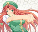  alternate_eye_color beret blush braid breasts bust clenched_hand fist green_eyes hat honeycomb_background hong_meiling long_hair mifune_yatsune punching red_hair redhead smile solo star touhou twin_braids 