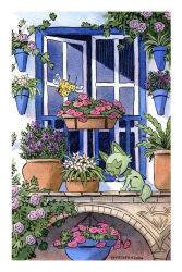  antennae bug cat combee curtains effie_lealand flower_pot flying green_fur highres insect_wings no_humans on_windowsill open_window plant pokemon pokemon_(creature) pokemon_diamond/pearl/platinum pokemon_focus pokemon_scarlet_and_violet potted_plant sitting_in_window sprigatito vase window windowsill wings 