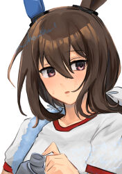  1girl admire_vega_(umamusume) blush bottle brown_hair cho_show1 ear_covers ear_ornament fingernails hair_between_eyes hair_ribbon highres holding holding_bottle long_hair looking_at_viewer low_ponytail open_mouth pink_eyes ponytail red_trim ribbon shirt single_ear_cover solo sweatdrop towel towel_on_one_shoulder tracen_training_uniform umamusume water_bottle white_background white_ribbon white_shirt 