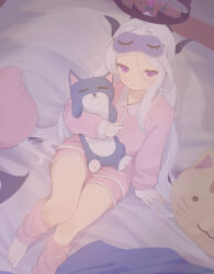  1girl absurdres ahoge blue_archive demon_girl demon_horns demon_wings gman_(gsdeman) halo highres hina_(blue_archive) horns indoors long_hair looking_at_viewer low_wings pajamas solo stuffed_toy very_long_hair violet_eyes white_hair wings 