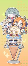  5girls blonde_hair blue_eyes blush_stickers cartethyia_(wuthering_waves) chibi chibi_only commentary_request fleurdelys_(wuthering_waves) green_eyes grey_hair hair_intakes highres ice_cream_cone jitome multiple_girls one_eye_covered open_mouth orange_hair phrolova_(wuthering_waves) sigrika_(wuthering_waves) suisui_(wuthering_waves) syurikenmaru tacet_mark_(wuthering_waves) wuthering_waves yellow_eyes 