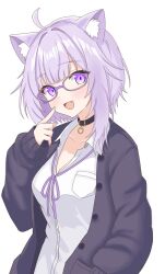  1girl :3 ahoge animal_collar animal_ear_fluff animal_ears arm_up bespectacled black_collar black_jacket blunt_bangs breasts cat_ears cat_girl collar collarbone commentary_request double-parted_bangs fang finger_to_cheek glasses hair_intakes highres hololive jacket kiseru05 light_blush long_sleeves looking_at_viewer medium_breasts medium_sidelocks neck_ribbon nekomata_okayu nekomata_okayu_(oversized_shirt) open_mouth puffy_long_sleeves puffy_sleeves purple-framed_eyewear purple_hair purple_ribbon ribbon shirt short_hair simple_background single_sidelock sleeves_past_wrists smile solo upper_body violet_eyes virtual_youtuber white_background white_shirt 