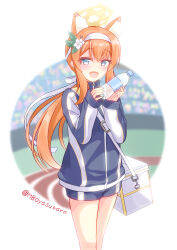  1girl :d animal_ear_fluff animal_ears baby_animal black_jacket black_shorts blue_archive blurry blurry_background blush bottle buruma cat_ears cat_girl commentary_request day extra_ears flower gym_shorts gym_uniform hair_flower hair_ornament hair_ribbon hairband halo hands_up highres holding holding_bottle jacket leaf_hair_ornament long_hair looking_at_viewer low_ponytail mari_(blue_archive) mari_(track)_(blue_archive) official_alternate_costume open_mouth orange_hair outdoors ponytail ribbon shorts sidelocks simple_background sleeves_past_wrists smile solo track_jacket twitter_username very_long_hair water_bottle white_background white_flower white_hairband white_ribbon yasutarou yellow_halo 