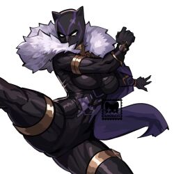  1girl black_bodysuit black_panther_(series) black_panther_(shuri) bodysuit breasts cape cat_mask dark-skinned_female dark_skin fur-trimmed_cape fur_trim gold_thighlet highres jewelry junodayz marvel marvel_tokon:_fighting_souls mask purple_cape solo superhero_costume thighlet 