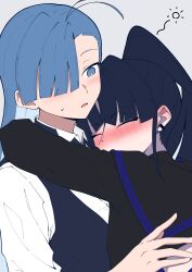  2girls ado_(utaite) ahoge black_shirt blue_eyes blue_hair blue_vest closed_eyes commentary_request drunk hair_over_one_eye highres hug long_hair merry_(ado) multiple_girls naima_(ado) nori_(norinori_yrl) readymade_(ado) shirt simple_background usseewa vest white_background white_shirt yuri 