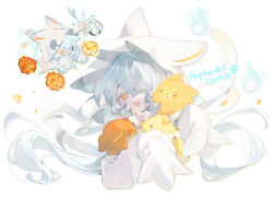  1girl animal_ears animal_hood asphodel_cookie blue_hair blush cat_ears cat_hood cat_tail character_name chibi commentary_request cookie_run cookie_run:_kingdom dog fang highres hitodama hood hood_up hooded_robe humanization korean_commentary long_hair long_sleeves mariberus multiple_tails munel official_artist_extra one_eye_closed open_mouth orange_eyes paw_print robe simple_background skin_fang sleeves_past_fingers sleeves_past_wrists tail two_tails white_background white_robe 