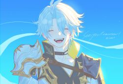  1boy absurdres antenna_hair armor artist_name backlighting belt black_shirt blue_sky brown_belt chest_belt closed_eyes coat collarbone collared_shirt commentary_request crossed_bangs day english_text gold_trim hair_between_eyes happy high_collar highres honkai:_star_rail honkai_(series) i2wea_t long_sleeves male_focus neck_tattoo open_mouth outdoors phainon_(honkai:_star_rail) shirt short_hair shoulder_armor sky smile solo sun_symbol sun_tattoo tattoo teeth tongue upper_body white_coat white_hair 
