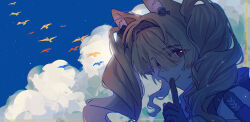  1girl absurdres angelina_(arknights) angelina_the_mellow_wish_(arknights) animal_ears arknights bird black_gloves black_hairband brown_hair clouds cloudy_sky commentary earpiece finger_to_mouth fox_ears fox_girl gloves hair_over_one_eye hairband highres long_hair looking_at_viewer one_eye_closed red_eyes sidelocks sky smile solo twintails yuan_dao_(far_island) 