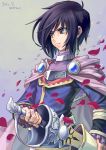  ahoge black_eyes black_hair cape choker coat earrings frills frown highres jewelry leon_magnus male petals scabbard serious sheath solo sword tales_of_(series) tales_of_destiny unsheathing weapon yaki-mikan 