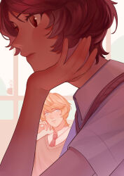  1boy 1girl absurdres alternate_costume artist_name blonde_hair blue_eyes brown_eyes brown_hair closed_mouth collared_shirt commentary contemporary english_commentary final_fantasy final_fantasy_xvi head_rest highres indoors joshua_rosfield jote_(ff16) lips looking_at_another moi_(moimoi) necktie pink_lips red_necktie school_uniform shirt short_hair short_sleeves vest white_shirt 