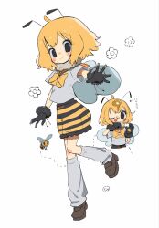  1girl ahoge antennae arthropod_girl bee black_eyes black_gloves blonde_hair blush bow bowtie bug closed_mouth commentary flower full_body fur_collar gloves highres insect_wings loafers looking_at_viewer multiple_views naka_(buttergirl_02) one_eye_closed original sailor_collar shirt shoes short_hair short_sleeves simple_background skirt smile socks standing standing_on_one_leg striped_clothes tongue tongue_out untranslatable_commentary white_background white_shirt wings 