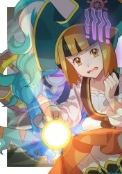  1girl black_hair commentary_request crop_top dhelmise flashlight gardenia_(pokemon) gardenia_(summer_2024)_(pokemon) hat highres holding holding_flashlight long_sleeves multicolored_hair official_alternate_costume open_mouth orange_eyes orange_hair orange_skirt pirate_costume pirate_hat pokemon pokemon_(creature) pokemon_masters_ex sailor sailor_hat scared ship's_wheel ship's_wheel_ornament shirt short_hair skirt taisa_(lovemokunae) two-tone_hair 