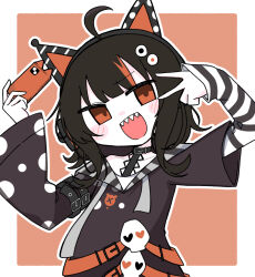  1girl :d ahoge animal_ear_headphones animal_ears arm_belt asymmetrical_sleeves bare_shoulders belt belt_collar black_choker black_hair black_sweater border cat_ear_headphones cat_ears cellphone choker collar commentary_request eyeball_hair_ornament fake_animal_ears headphones holding holding_phone long_sleeves looking_at_viewer mahou_shoujo_no_majo_saiban mattsu404 multicolored_hair off-shoulder_sweater off_shoulder open_mouth orange_background orange_eyes orange_streaks outline phone sawatari_coco sharp_teeth shirt short_hair simple_background single_bare_shoulder skull smartphone smile solo streaked_hair striped_sleeves stuffed_animal stuffed_cat stuffed_toy sweater teeth upper_body upper_teeth_only v white_border white_outline white_shirt 