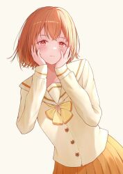  1girl blush bow closed_mouth commentary_request cowboy_shot crossed_bangs double-parted_bangs hands_on_own_cheeks hands_on_own_face haru_x_hop highres long_sleeves orange_hair original pleated_skirt red_eyes sailor_collar school_uniform serafuku shirt simple_background skirt solo standing yellow_background yellow_bow yellow_sailor_collar yellow_serafuku yellow_shirt yellow_skirt yellow_theme 