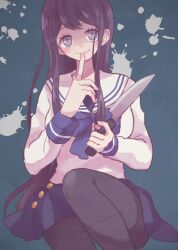  1girl blood blue_background blue_bow blue_bowtie blue_hair blue_skirt blush bow bowtie commentary_request danganronpa:_trigger_happy_havoc danganronpa_(series) finger_to_mouth grey_eyes holding holding_knife knife looking_at_viewer maizono_sayaka mikuni_(open-ranka) pantyhose sailor_collar school_uniform serafuku skirt smile solo white_sailor_collar 