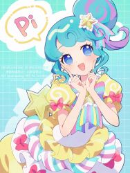  1girl :d aqua_background aqua_hair artist_name blue_eyes bow commentary_request copyright_notice cowboy_shot curly_sidelocks dot_nose dress dress_bow finger_to_cheek grid_background hair_bun hair_ornament hands_up haru_(haru1bc6c4) highres index_finger_raised layered_dress looking_at_viewer medium_hair multicolored_hair no_pupils pink_bow pinon_(pripara) pretty_series pripara puffy_sleeves purple_streaks revision single_hair_bun smile speech_bubble star_(symbol) star_hair_ornament streaked_hair twitter_username two-tone_hair watermark yellow_dress 