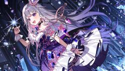  1girl :d artist_request bare_shoulders black_choker bridal_gauntlets center-flap_bangs chest_jewel choker colored_inner_hair crown detached_sleeves detached_wings double-parted_bangs dress game_asset gem gradient_hair hair_flaps hand_jewel hand_up highres hololive hololive_dreams hololive_english jewel_under_eye koseki_bijou koseki_bijou_(prism_crystal_realm) layered_dress long_hair metal_wings mini_crown multicolored_hair non-web_source official_art open_mouth puffy_detached_sleeves puffy_short_sleeves puffy_sleeves purple_dress purple_gem purple_hair second-party_source self-datamine short_sleeves sidelocks sleeveless sleeveless_dress smile solo strapless strapless_dress teeth upper_teeth_only very_long_hair violet_eyes virtual_youtuber white_bridal_gauntlets white_dress wings 