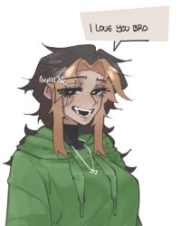  1girl ari_(notaxuaxi) black_eyes black_shirt blonde_hair blush breasts brown_hair commentary corrupted_twitter_file curtained_hair drawstring english_text green_hoodie heart heart-shaped_pupils heart_pendant highres hood hood_down hoodie jewelry large_breasts large_variant_set long_hair multicolored_hair notaxuaxi open_mouth original pendant shirt sidelocks signature simple_background smile solo speech_bubble symbol-shaped_pupils turtleneck two-tone_hair upper_body variant_set white_background 