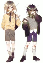  2boys androgynous backpack bag bags_under_eyes bandage_on_knee bandaged_hand bandages bandaid bandaid_on_finger bandaid_on_hand biting black_hair black_jacket black_necktie brown_eyes brown_hair brown_shoes brown_shorts bruise bruise_on_knee bruise_on_leg collared_shirt commentary degrees_of_lewdity double-parted_bangs dress_shoes english_commentary flower freckles full_body gradient_hair green_eyes grey_shirt grey_sweater_vest hair_between_eyes hair_flower hair_ornament heel_up highres holding holding_notebook injury jacket jacket_partially_removed kneehighs kylar_(degrees_of_lewdity) kylar_(male)_(degrees_of_lewdity) long_hair long_hair_between_eyes looking_at_viewer looking_to_the_side low_ponytail male_focus medium_hair messy_hair multicolored_hair multiple_boys nail_biting neck_ribbon necktie nervous notebook okki_home open_clothes open_jacket oxfords ponytail purple_shorts raised_inner_eyebrows ribbon robin_(degrees_of_lewdity) robin_(male)_(degrees_of_lewdity) shirt shoes shorts simple_background sleeves_past_wrists socks standing straight-on striped_clothes striped_socks sweater sweater_vest untied_shoelaces untucked_shirt vertical-striped_clothes vertical-striped_socks white_background white_shirt white_socks wide-eyed yellow_sweater 
