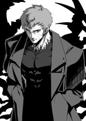  1boy abs black_skin coat collarbone colored_skin commentary_request cowboy_shot grey_eyes grey_hair hands_in_pockets highres looking_at_viewer male_focus monster nrvnqsr_chaos open_clothes open_coat pale_skin pectorals short_hair silhouette solo solo_focus trench_coat tsukihime tukiwani vampire veiny_face white_background 