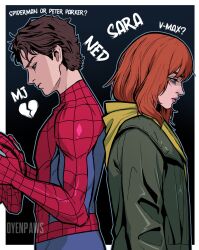  1boy 1girl artist_name back-to-back black_background black_hair border brown_eyes closed_mouth commentary english_commentary english_text from_side green_eyes green_jacket highres hood hood_down jacket jean_grey lips long_hair long_sleeves marvel outside_border oyenpaws peter_parker pink_lips profile red_hair short_hair simple_background spider-man spider-man:_brand_new_day spider-man_(series) superhero_costume white_border 