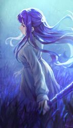  1girl absurdres commentary dress fern_(sousou_no_frieren) grass hair_ornament highres holding holding_staff long_hair mage_staff porukana purple_hair solo sousou_no_frieren staff violet_eyes white_dress 