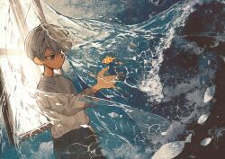  1boy black_pants closed_mouth clownfish collared_shirt commentary_request cowboy_shot crossed_bangs dark-skinned_male dark_skin fantasy fish from_side hair_between_eyes highres jimini_shijimi long_sleeves looking_at_animal ocean original pants reaching shirt short_hair solo water waves white-haired_man_(jimini_shijimi) white_hair window 