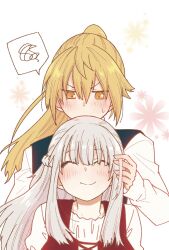  2girls ^_^ black_vest blonde_hair blush braiding_another's_hair braiding_hair closed_eyes closed_mouth commentary_request double-parted_bangs floral_background hair_between_eyes hairdressing highres ichi_yamura koe_ga_dasenai_shoujo_wa_"kanojo_ga_yasashisugiru"_to_omotteiru kokosaki_kikuno long_bangs long_hair long_sleeves mashiro_oto multiple_girls official_artist_extra ponytail red_vest shirt small_sweatdrop smile speech_bubble spoken_squiggle squiggle v-shaped_eyebrows vest white_background white_shirt yellow_eyes 