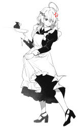  1girl absurdres ahoge anger_vein apron black_dress closed_mouth commentary_request dress full_body greyscale hair_over_one_eye high_heels highres holding holding_tray honkai_(series) honkai_gakuen long_sleeves maid maid_apron monochrome puffy_long_sleeves puffy_sleeves short_hair silence_(pixiv18541142) simple_background sin_mal solo tray white_apron white_background 
