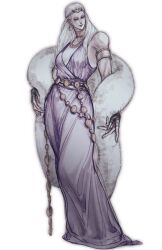  1girl bare_shoulders bracelet breasts cape dress earrings fingerless_gloves fulgrim fur-trimmed_cape fur_trim genderswap genderswap_(mtf) gloves highres imperial_aquila jewelry long_hair necklace pink_dress primarch smile vef_jane warhammer_40k white_background white_hair 