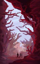  1boy 2girls cassie_(shadow_slave) clear_sky commentary coral day english_commentary full_body grand_scale highres hynna_mox multiple_girls nephis_(shadow_slave) outdoors red_theme scenery shadow_slave silhouette sky standing sunny_(shadow_slave) walking wide_shot 